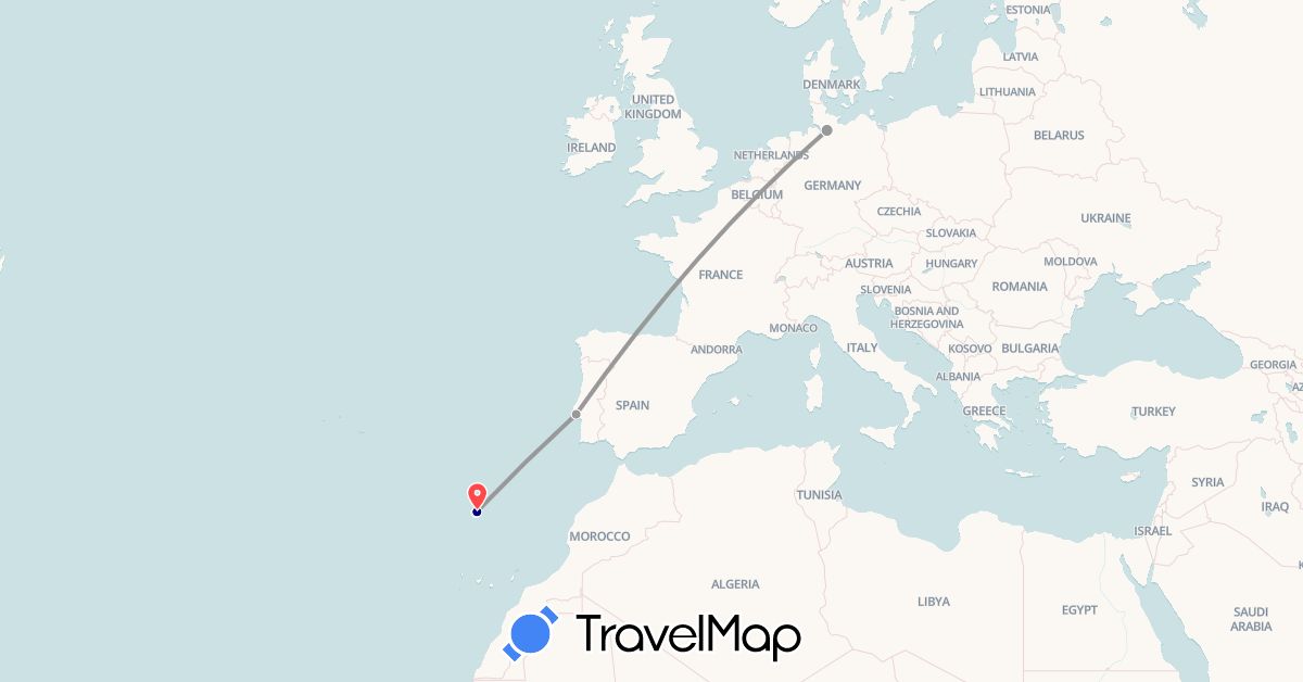 TravelMap itinerary: driving, plane, hiking in Germany, Portugal (Europe)
